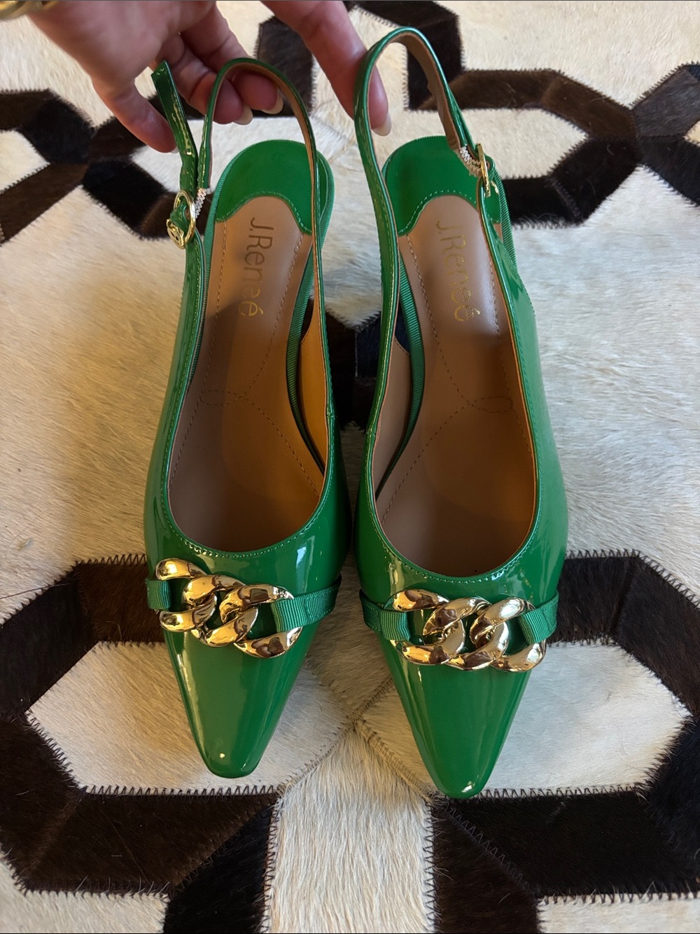 J.Renee Green Patent Slingback Mules with Gold Chain